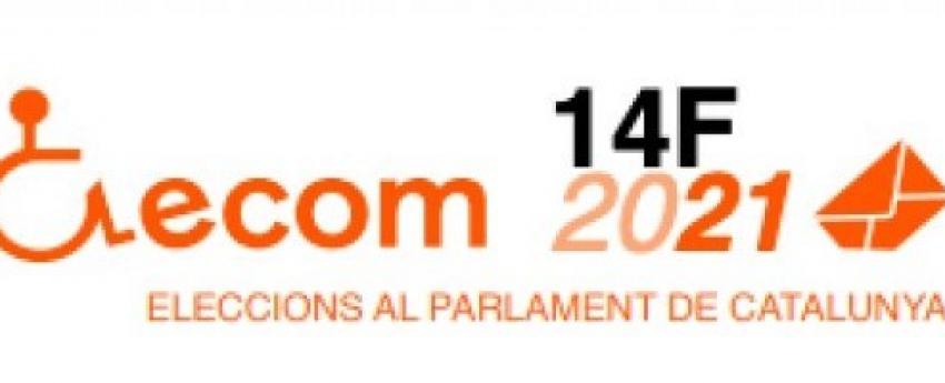 Logotip d'ECOM acompanyat d'un rètol on diu 14F 2021 Eleccions al Parlament de Catalunya