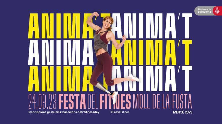 Cartel de ‘La Fiesta del Fitnes’. En el medio una chica con una prótesis en la pierna derecha saltando. En el fondo la palabra “anímate’ en color amarillo y blanco repetida diversas veces. A bajo, los datos informativos del evento. 