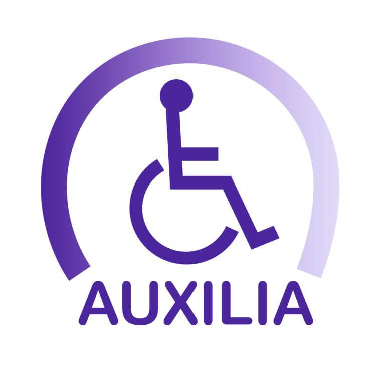 Logo d'Auxilia. Sota un arc lila es veu la icona d'una persona en cadira de rodes. A sota hi posa AUXILIA.