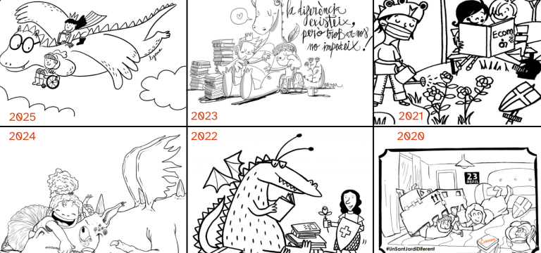 Collage de dibuixos de les diferents edicions de Sant Jordi