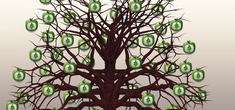 Imatge d'un arbre amb moltes branques d'on pengen unes pomes amb el símbol del dòlar