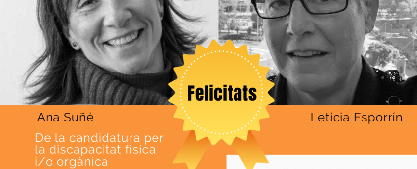 Ana Suñe i Leticia Esporrín (escollides a les eleccions de l'IMPD) amb una medalla on diu felicitats