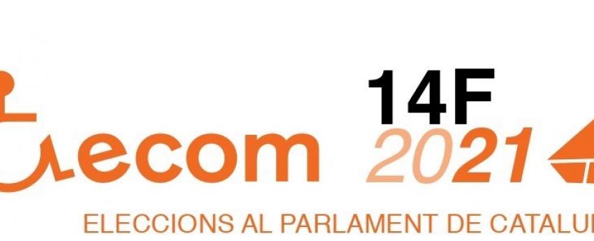 Logotip d'ECOM acompanyat d'un rètol on diu 14F 2021 Eleccions al Parlament de Catalunya