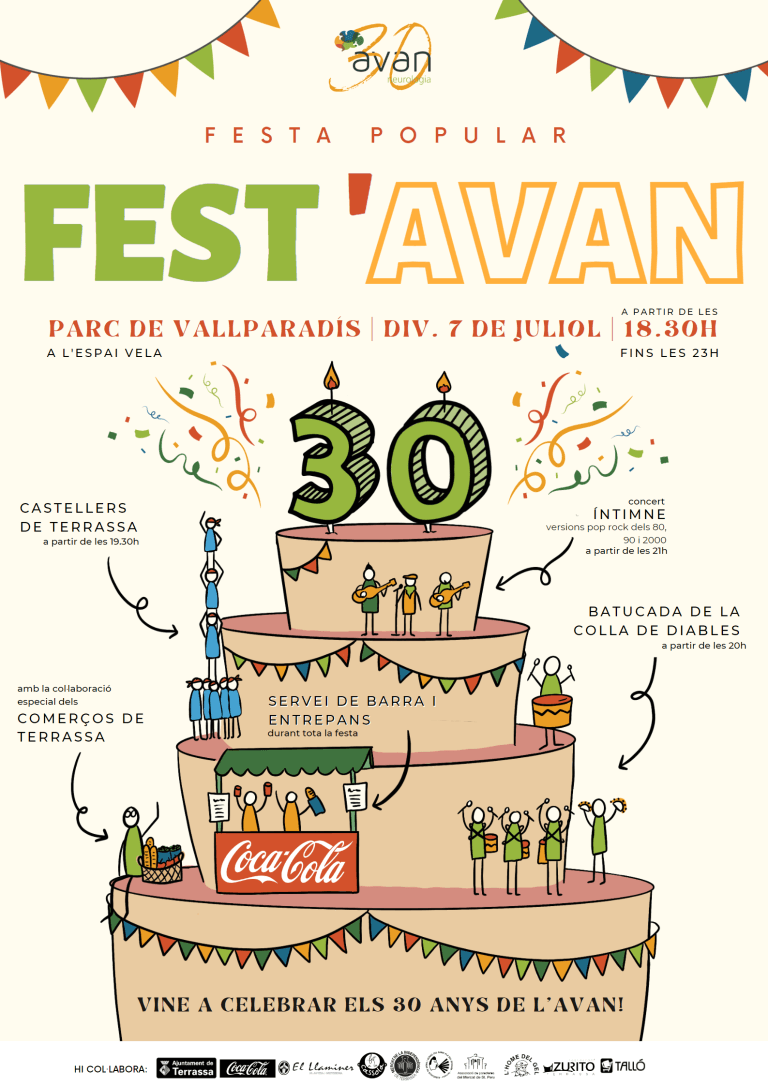 La Fundació Privada AVAN celebra, el 7 de juliol, la Fest'AVAN, acte en commemoració dels 30 anys de l'entitat.L'acte tindrà lloc  de 18:30h a 23h al Parc de Vallparadis Terrassa.  