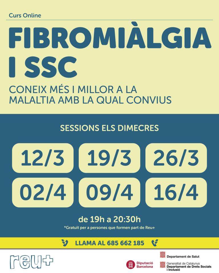 La Lliga Reumatològica de Catalunya organitza, del 12 de març al 16 d'abril, un curs sobre fibromialgia i ssc. Dates: 12/3, 19/3, 26/3, 02/04, 09/04 i 16/04.