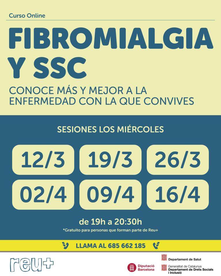 La Liga Reumatológica de Cataluña organiza, del 12 de marzo al 16 de abril, un curso sobre fibromialgia y ssc. Fechas: 12/3, 19/3, 26/3, 02/04, 09/04 y 16/04