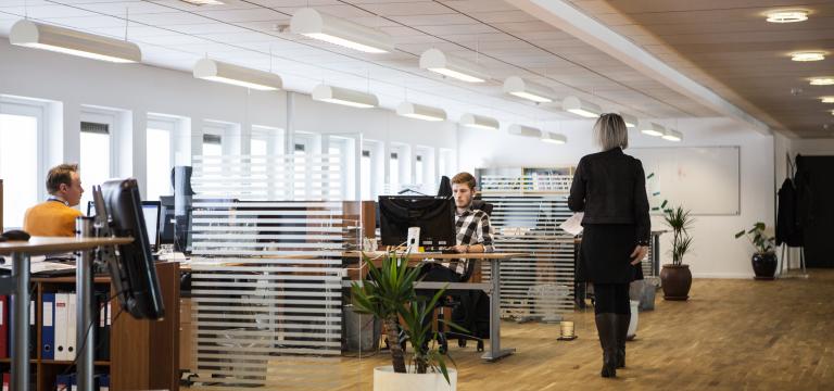Imagen de un despacho de una empresa con varias personas trabajando con un ordenador